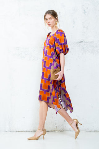 VESTIDO MANGAS ABULLONADAS NARANJA MORADO