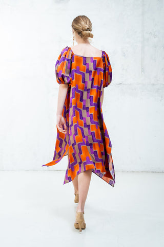 VESTIDO MANGAS ABULLONADAS NARANJA MORADO